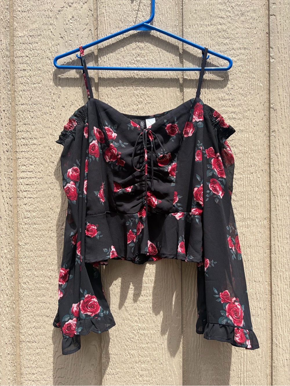 Divided Black Floral Off-Shoulder Top, Flowy Sleeves